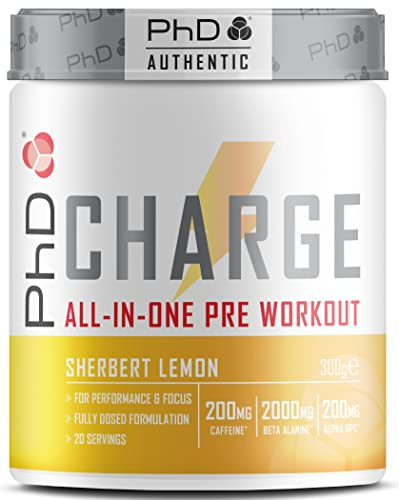 PhD Charge, All in One Pre Workout Powder with Creatine for Women and Men, Rich in Beta Alanine, High Caffeine for pre-Workout, Sherbert Lemon Flavour, 20 Servings Per 300g Bottle