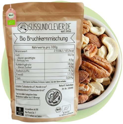 süssundclever.de® Bio Nussmischung | Bruchkernmischung | 1,0 kg | ungesalzen | plastikfrei und ökologisch-nachhaltig abgepackt | Studentenfutter