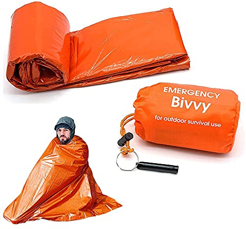 WEIWUXIAN Sac Couchage d'urgence Thermique, Couverture d'urgence, Couverture Survie Reutilisable Sac, avec Sifflet Survie, Équipement Survie pour Camping, Randonnée, Activités de Plein Air, Orange
