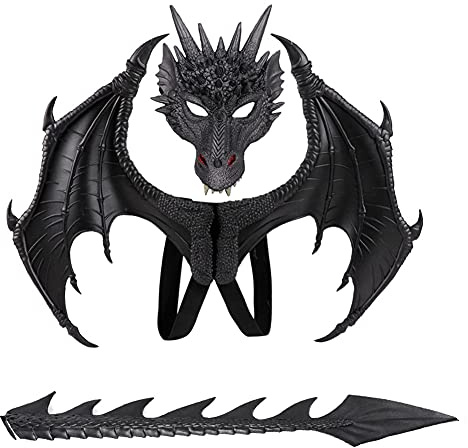 CRTEPST Drachen-Kostüm für Kinder Jungen Mädchen, Drachenflügel-Schwanz-Masken-Set, Halloween-Dinosaurier-Cosplay-Set für Kinder (Schwarz)