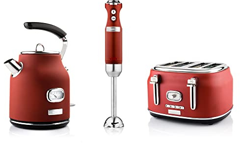 Westinghouse Retroline, set da colazione rosso, tostapane, frullatore a immersione e bollitore, 1,7 litri e filtro a calcare, quattro fessure con inserto per panini, frullatore a immersione a 4