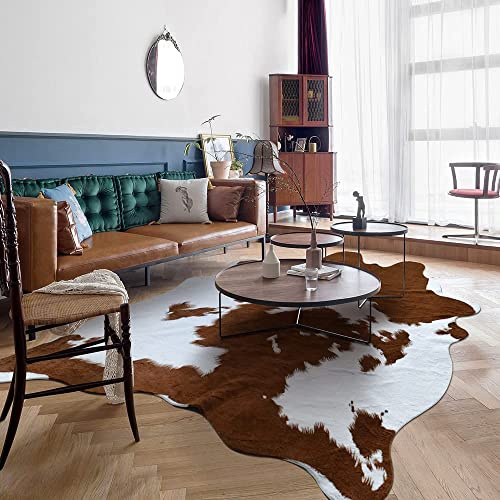 rugoo Kunstfell-Teppich, Kuhfell-Teppich, 2,5 x 1,9 m, Retro, Weiß und Braun