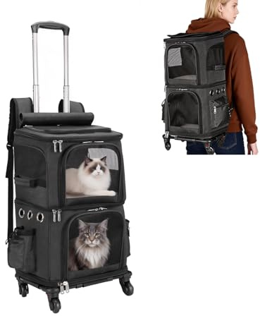 HOVONO Double-Compartment Cat Carrier Backpack with Wheels for Two Pets