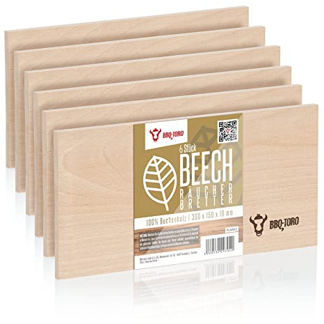 BBQ-TORO Tabla para Ahumar de 100% Madera de Haya | 30 x 15 x 1 cm | Tabla de Parrilla para Pescado, Carne, Verduras, Productos Horneados | Tabla para Asar, Barbacoa, Hornear (6)