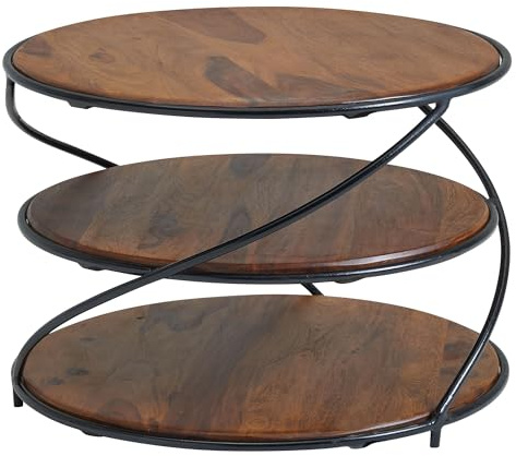 FineBuy Couchtisch Rund 58x58x40,5 cm Sheesham Massivholz, 3 Ablagen | Wohnzimmertisch mit außergewöhnlichem Gestell aus Holz und Metall, Sofatisch handgefertigt, Unikat