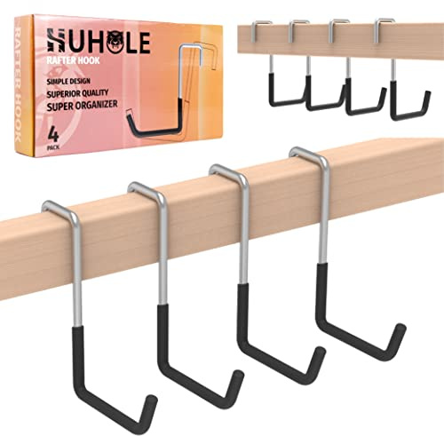 HUHOLE 4 Pack Rafter Hooks for Garage Storage – Heavy Duty Vinyl Coated Large S Hooks (50lb Capacity) – No-Drill Utility Hangers for Hanging Bikes, Ladders, Plants & Hoses on Wood Joists & Beams