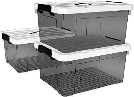 Cetomo,20L,3er-Pack, Aufbewahrungsbox mit deckel,Aufbewahrungsboxen, mit Clips, stapelbar, Wohnzimmer, Schlafzimmer.lebensmittelecht ,Verschlussclips,Neumaterial Plastik-Box transparent schwarz