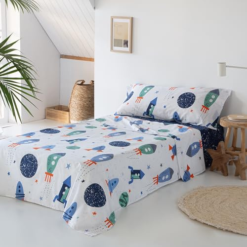 COTTON ARTean Juego de sábanas infantil ROCKET 90x190/200. Poliéster-algodón. 3 piezas: Encimera, 1 Funda de Almohada, Bajera Ajustable