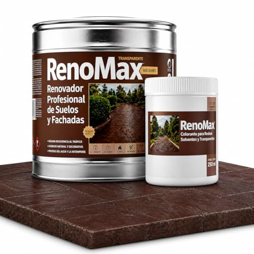 Renomax - Resina Hormigon Impreso y Superficies Porosas Al Disolvente + Tinte Hormigon Impreso Marrón Nogal, 2L Cubre hasta 20m² | Repara y Protege Suelos,Fachadas | Fácil de Aplicar, Garantía 5 Años