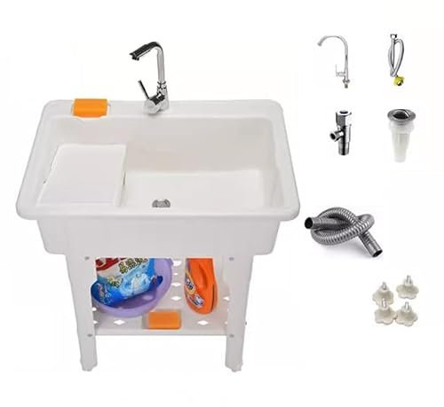 Freistehendes Kunststoff-Waschbecken, Kunststoff-Waschbecken, mit Waschbrett und Wasserhahn-Set, für Waschküche, Hauswirtschaftsraum, Garage, Keller, Außen- und Innenbereich ( Color : Wit , Size : 80c