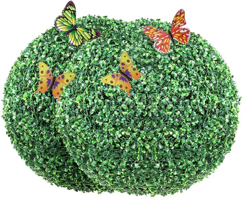 VEVOR Buis Topiaire Artificiel 406 mm Boule de Buis Artificiel Extérieur 2 Fausses Plantes PE 10 Feuilles Remplaçables 4 Papillons Décoratifs pour Décoration Intérieur Jardin Terrasse Balcon Entrée