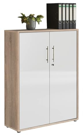 Aktenschrank TABOR abschließbar Büroschrank in diversen Farbvarianten (Sonoma Eiche/weiß Hochglanz)