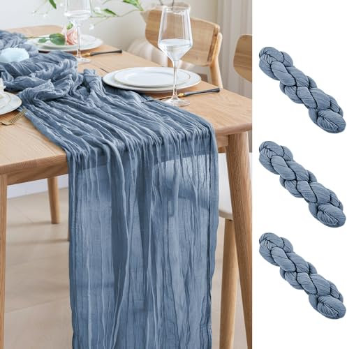 Asee'm 3PCS Tischläufer Käsetuch 300 x 90cm Staubiges Blau Boho Transparente Läufer Tisch Hochzeit Gaze Stoff Rustikale Käse Tuch für Braut Dusche Party