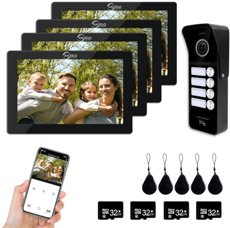 1080P Video-Türsprechanlage (verkabelte Türklingel), 4-Familien-Türklingel, 7-Zoll-Touchscreen-Display, Entriegelungsunterstützung, Zwei-Wege-Sprechanlage (schwarz)
