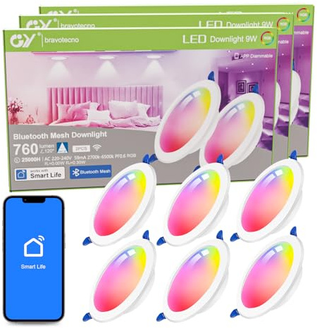 GY Mesh LED Einbaustrahler 230V Spots Flach Dimmbar,Smart Einbauleuchten Deckenspots Deckenstrahler Kompatibel mit Smart Home, 9W 760LM ersetzt 50W, RGB Warmweiß-Kaltweiß Einbauspots, 6er Set