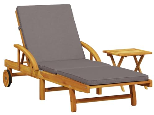 vidaXL Sonnenliege, Gartenliege mit Auflage Klapptisch Rollen, Relaxliege mit Liegefunktion, Strandliege Liege Gartenmöbel, Massivholz Akazie