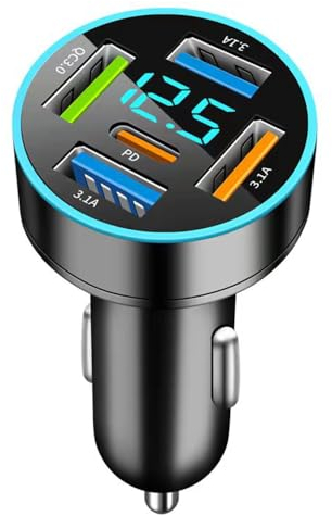 5-Port USB C Auto Ladegerät Zigarettenanzünder Adapter, Schnellladegerä Adapter, 66W Duales PD+QC3.0 mit LED Voltmeter mit iOS, Android, Tablet und Allen Smartphones.