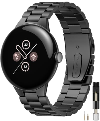 Miimall Metall Armband Kompatibel mit Google Pixel Watch 3/4/5 45mm Armband 2026, Edelstahl Doppelte Faltschließe Verstellbares Ersatzarmband für Pixel Watch 3/4/5 45mm-Schwarz