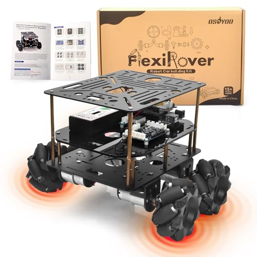 OSOYOO FlexiRover Roboterauto Kit für Arduino Mega2560 WiFi-Erweiterungskarte, 520 Motoren, Mecanum Räder, 4-Rad-Motorboard, Akku und Ladegerät, anpassbares Chassis
