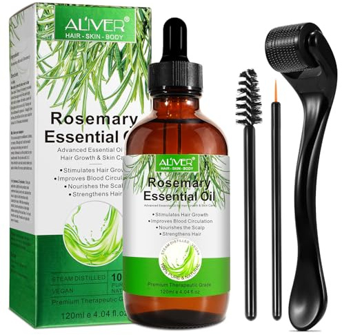 Rosemary Oil for Hair Growth 120 ml with Derma Roller 0.25mm, 100% Pure Rosemary Essential Oil for Eyelashs, Eyebrows, Face, Skin Care, Body Massage, Nourishes The Scalp, Improve Blood Circulation