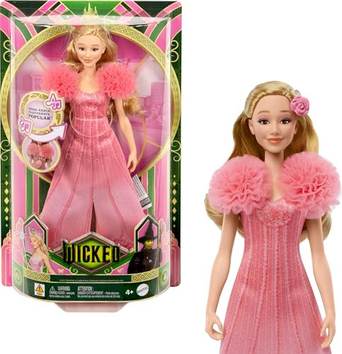 Mattel Singende Glinda-Modepuppe aus Wicked und Accessoires, beweglich und mit vom Film inspiriertem Look sowie abnehmbarem Outfit, singt Heißgeliebt“, JLG49, Pink