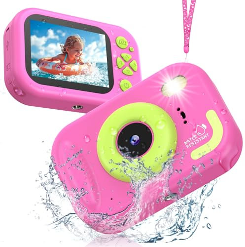 Appareil Photo Enfant Étanche, 48MP 1080P Appareil Photo Numérique Enfant, 32,8 Pieds Caméra sous-Marine avec Écran 2,4 Pouces, LED Flash, Carte TF 32 Go, Cadeau pour Filles Garçons 3-12 Ans, Rose