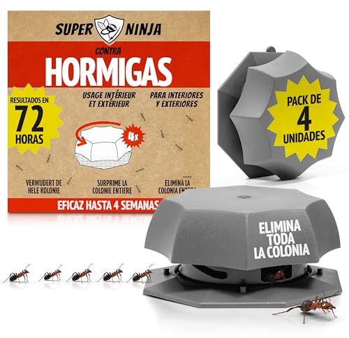 Super Ninja Trampas para Hormigas Interior, Antihormigas, Pack de 4 | Veneno para Hormigas en Cebo Líquido Listo para Usar, Elimina la Colonia y la Reina, Mata Hormigas en Casa y Exterior