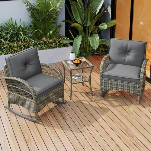 Merax Juego de muebles de balcón, muebles de jardín al aire libre con mesa de café, muebles de terraza con cojines grises para balcón, terraza, jardín, gris