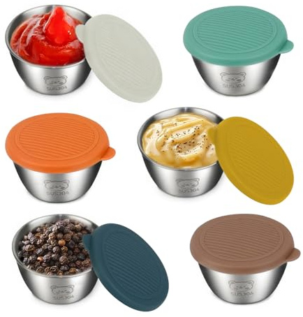 VINEST 6 Stück Salatdressing Behälter mit Silikondeckel, 80ml Kleine Edelstahl Salatdressing Behälter, Gewürzbehälter Auslaufsichere, Dip Saucenbehälter Dose Snackbox für Snack, Dips, Salat, Gewürze