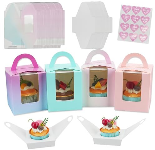 20 cajas individuales para cupcakes, caja de pastel individual con calcomanía, moldes para cupcakes con ventana, asa e insertos, soporte para cupcakes para bodas, cumpleaños, fiestas (4 colores)