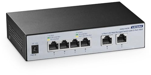 YuLinca Switch gestito Via Web 10G, 4 Porte RJ45 2,5G + 2 Porte RJ45 10G, LACP/VLAN/QoS, Metallo Senza Ventola, per Nas/Giochi/Streaming 8K