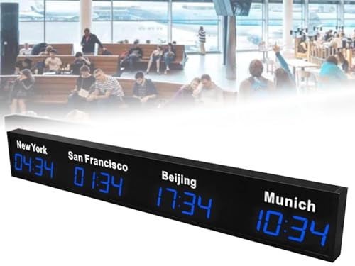 Orologio da parete con fusi orari mondiali, orologio digitale a LED con più fusi orari, orologio da parete con fusi orari mondiali per 3/4/5 città, per aziende/aeroporti/centri,Blue-4City