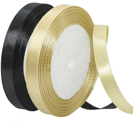 2 Rollen Satinband 10mm Breit, Geschenkband Schwarz und Gold Schleifenband Stoff Satinbänder für Blumensträuße, Geschenkverpackung, Weihnachten, Hochzeit und DIY Kunsthandwerk