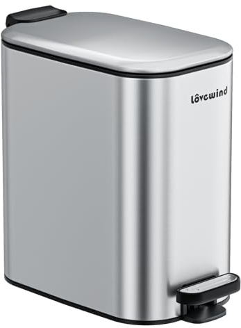 lovewind 6L Badezimmer Mülleimer, schmaler silberner Treteimer zum Platzsparen, kleiner Mülleimer für kompakte Räume, mit Deckel und Inneneimer, sanft schließend und offen bleibend, modernes Design