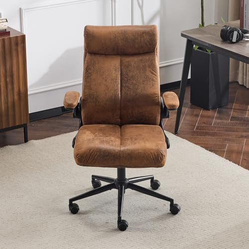 Bonnlo Rolling Ergonomic Office Desk Chair with Padded Flip-up Arms, 360° Swivel High Back Executive Computer Task Chair with Wheels for Game，Home Small Space, Study Room, Office (Microfiber Brown)