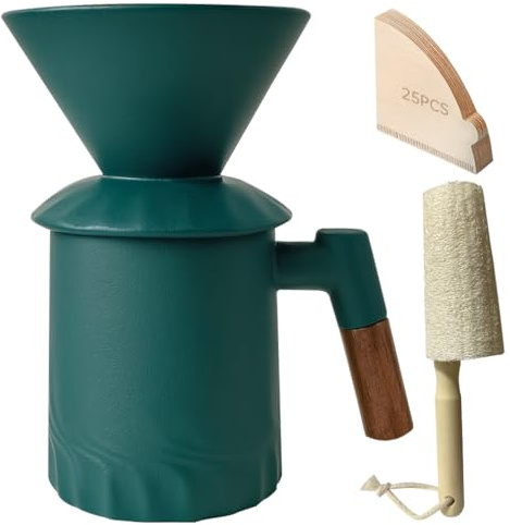 Mleuxvics Pour Over Coffee Maker Set, Ceramic Pour Over Coffee Dripper 15.5oz/450 ml with 25 Pcs V60 Paper Filter, Coffee Pour Over Set for Camping, Green