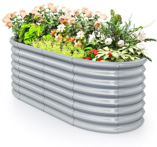 COSTWAY Hochbeet Metall Oval, Pflanzkasten für Garten, 165 x 80 x 60 cm, Frühbeet mit offenem Boden, Wellblech, Blumenbeet wetterfest, Pflanzentrog für Gemüse Blumen Kräuter (Grau)