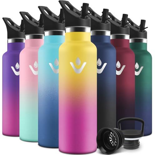 Motswedi Borraccia Termica, 750ml Con 2 Tappi, Borraccia con Cannuccia, Doppia Parete, Bottiglia Termica, A Prova di Perdite, Bottiglia acqua Per Scuola, Campeggio, Palestra, Giallo-Rosa