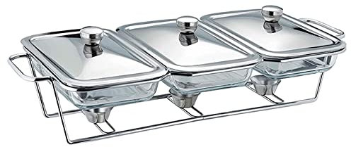 MYUYEE Buffet Chafing Dish with 3 Sinks Alcohol Stove Commercial Rectangular Server Food Fresh Warmer with 3 Glass Trays for Catering Party Wedding,