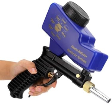 ZASCHMOY Tragbare Anti-Pneumatik-Sandstrahlpistole mit Einstellbarer Durchflussrate und Behälter mit Großer Kapazität, Blauer Handheld-Sandblaster für das Metallkantenpolieren