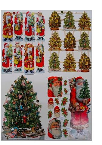 Glanzbilder Weihnachten Weihnachtsmann Weihnachtsbaum Motiv Set aus 4 verschiedenen Papierbögen zum Basteln und Verzieren Poesiebilder Deko EF SET 1