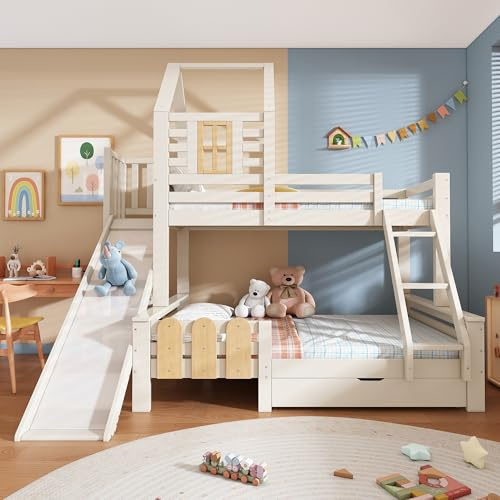Soweiz Lettino a soppalco con rete a doghe, letto a castello, 90 x 200 cm, 140 x 200 cm, letto con cassetto, scivolo e scala, design casa di tronchi (senza materasso)