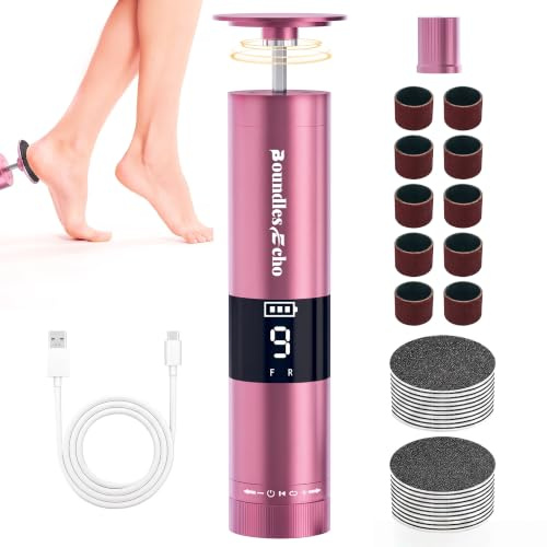 BoundlesEcho Elektrischer Hornhautentferner & Nagelfeile - Wiederaufladbar 2-in-1 Pediküre-Set mit 9x Geschwindigkeit, Display, 30 Schleifpads für Tote Harte Haut/Hornhaut/rissige Fersen (Roségold)