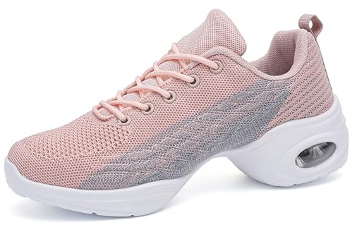 Hiuzylqx Damdansskor, Lätta, Andningsbara Jazzdansskor Snörskor Med Kudde Mesh Platåsneakers,Pink,38 EU