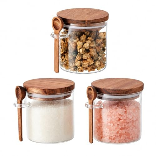 Eden & Willow 350ml Glass Spice Jars with Lids, 3 Pcs Airtight Spice & Food Storage Jars, Small Acacia Sealed Herbs & Seasoning Container with Spoon, Kitchen Pantry Storage & Organisation
