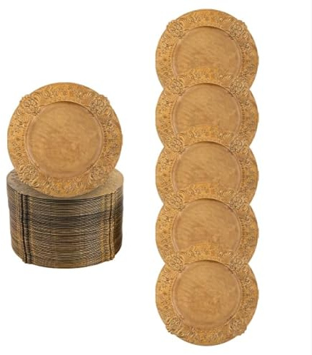 Dokiiovo 100 Stück Goldene Wiederverwendbare Platzteller, 33cm (Muster-A) | European Retro Einfarbige Unterteller, Runde Mehrweg Servierteller für Hochzeit, Party, Restaurant
