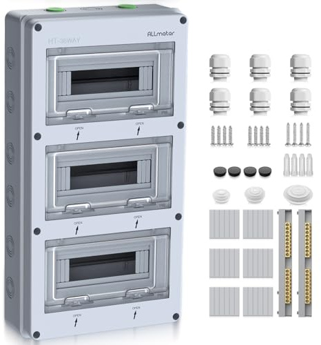 ALLmeter Tableau électrique 3 rangées Pour 36 modules, Coffret Electrique Etanche IP65, Boîte à Fusibles Distributeur en Saillie avec Terminaux et Rails Intégrés pour Logement et Jardin