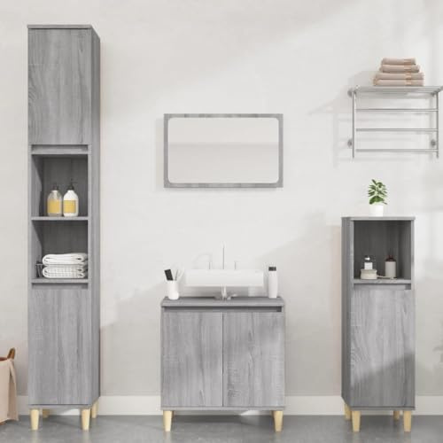 Bucmath Ensemble de 3 meubles de salle de bain gris Sonoma en bois avec meuble sous lavabo, armoires sur pied, grand espace de rangement, résistant à l'humidité, design moderne pour salle de bain
