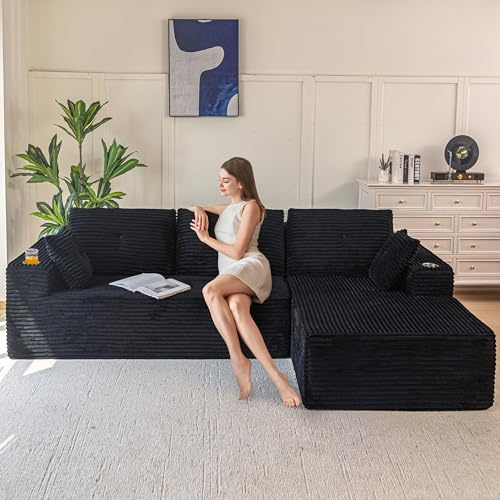 MAXYOYO Modulares Sofa und Chaiselongue, Cloud Boneless Couch, 3-4-Sitzer-Ecksofa Links/Rechts Verstellbar, Cordbezug, Übergroßes L-förmiges Schlafsofa für das Wohnzimmer, Keine Montage Erforderlich