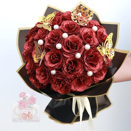 jabeick 24 Stück Glitzer Rosenstrauß DIY Glitzer Rosen Blumenstrauß | Ewige Rose Künstliche Blumen für Valentinstag, Muttertag, Hochzeit, Geburtstag, Abschlussfeier, Jahrestag(Rot)